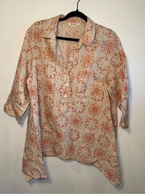Marketplace Linen & Cotton Asymmetrical Tan Floral Print Boho Button Down Top L